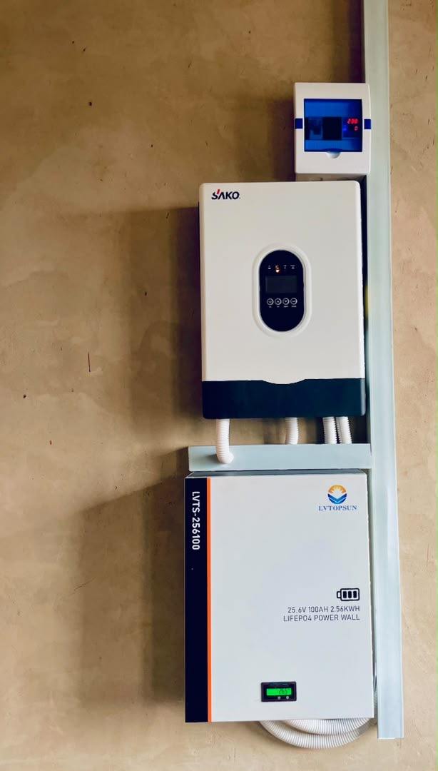 SAKO inverter mounted above a lithium power wall
